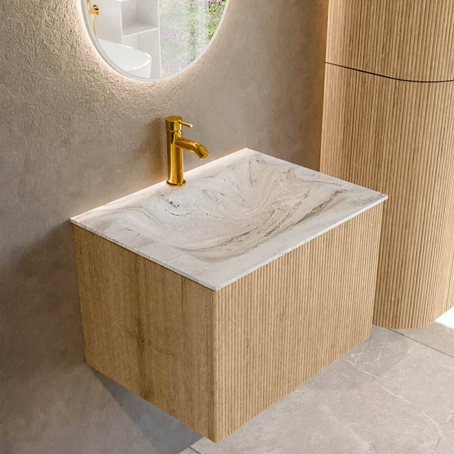 Mondiaz KURVE-DLUX 60 cm Onderkast Greeploos 1 Lade Zonder Deuren Oak Wastafel Solid Surface Midden Glace 1 Kraangat Zonder Spiegel (KRVCLO601L0D1KM-Oak Gla)