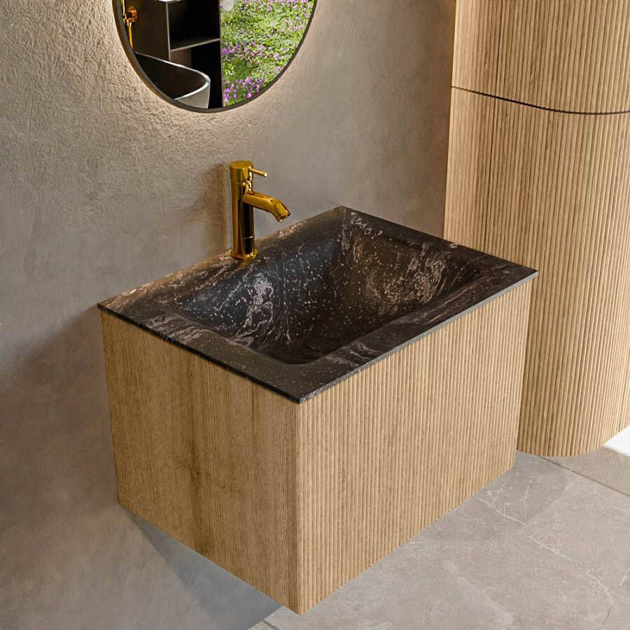 Mondiaz KURVE-DLUX 60 cm Onderkast Greeploos 1 Lade Zonder Deuren Oak Wastafel Solid Surface Midden Lava 1 Kraangat Zonder Spiegel (KRVCLO601L0D1KM-Oak Lav)