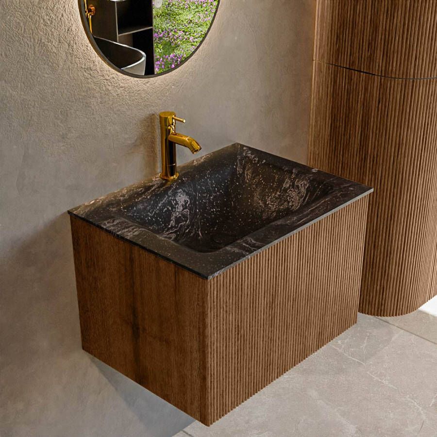 Mondiaz KURVE-DLUX 60 cm Onderkast Greeploos 1 Lade Zonder Deuren Walnut Wastafel Solid Surface Midden Lava 1 Kraangat Zonder Spiegel (KRVCLO601L0D1KM-Wal Lav)