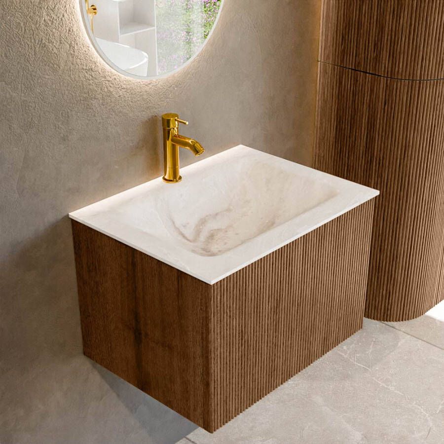 Mondiaz KURVE-DLUX 60 cm Onderkast Greeploos 1 Lade Zonder Deuren Walnut Wastafel Solid Surface Midden Frappe 1 Kraangat Zonder Spiegel (KRVCLO601L0D1KM-Wal Fra)