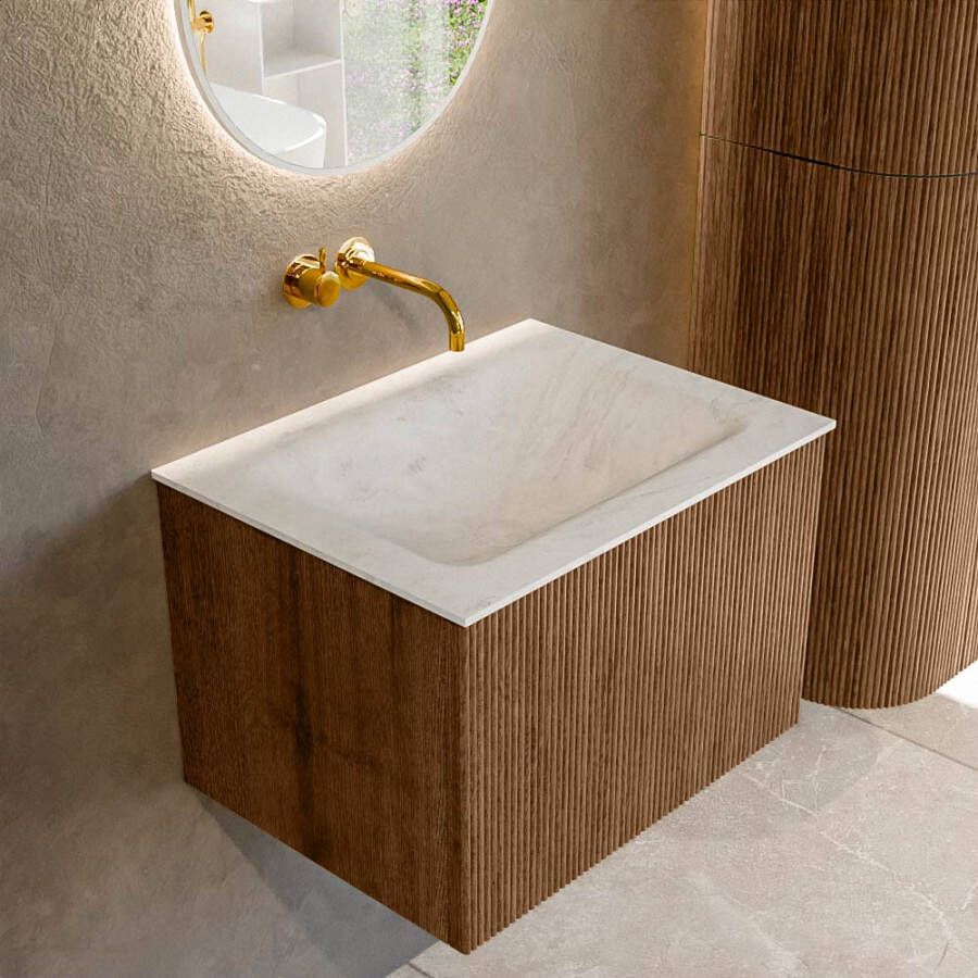 Mondiaz KURVE-DLUX 60 cm Onderkast Greeploos 1 Lade Zonder Deuren Walnut Wastafel Solid Surface Midden Opalo 0 Kraangaten Zonder Spiegel (KRVCLO601L0D0KM-Wal Opa)