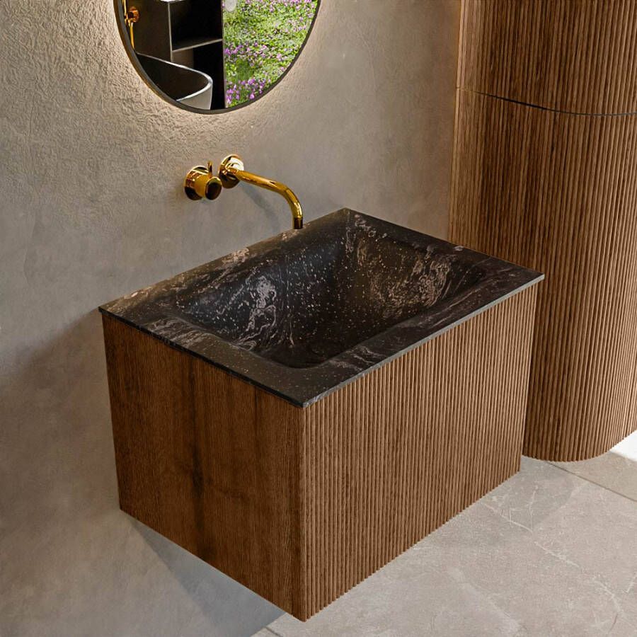 Mondiaz KURVE-DLUX 60 cm Onderkast Greeploos 1 Lade Zonder Deuren Walnut Wastafel Solid Surface Midden Lava 0 Kraangaten Zonder Spiegel (KRVCLO601L0D0KM-Wal Lav)