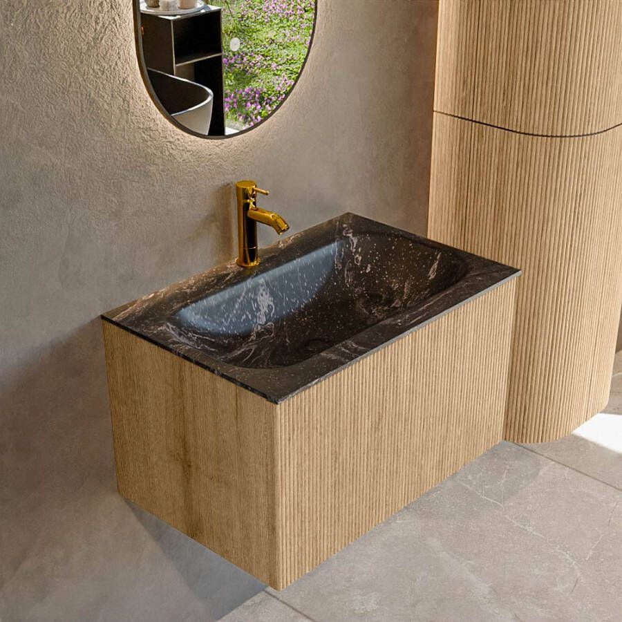Mondiaz KURVE-DLUX 70 cm Onderkast Greeploos 1 Lade Zonder Deuren Oak Wastafel Solid Surface Volledig Lava 1 Kraangat Zonder Spiegel (KRVBGS701L0D1KM-Oak Lav)