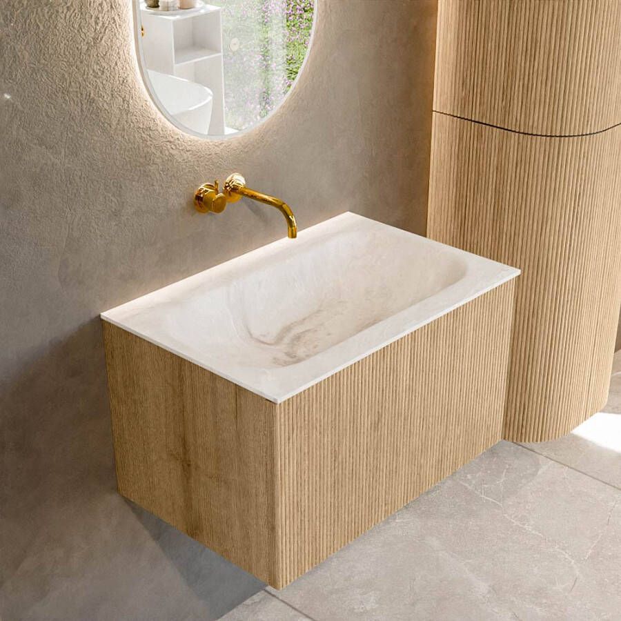 Mondiaz KURVE-DLUX 70 cm Onderkast Greeploos 1 Lade Zonder Deuren Oak Wastafel Solid Surface Volledig Frappe 0 Kraangaten Zonder Spiegel (KRVBGS701L0D0KM-Oak Fra)