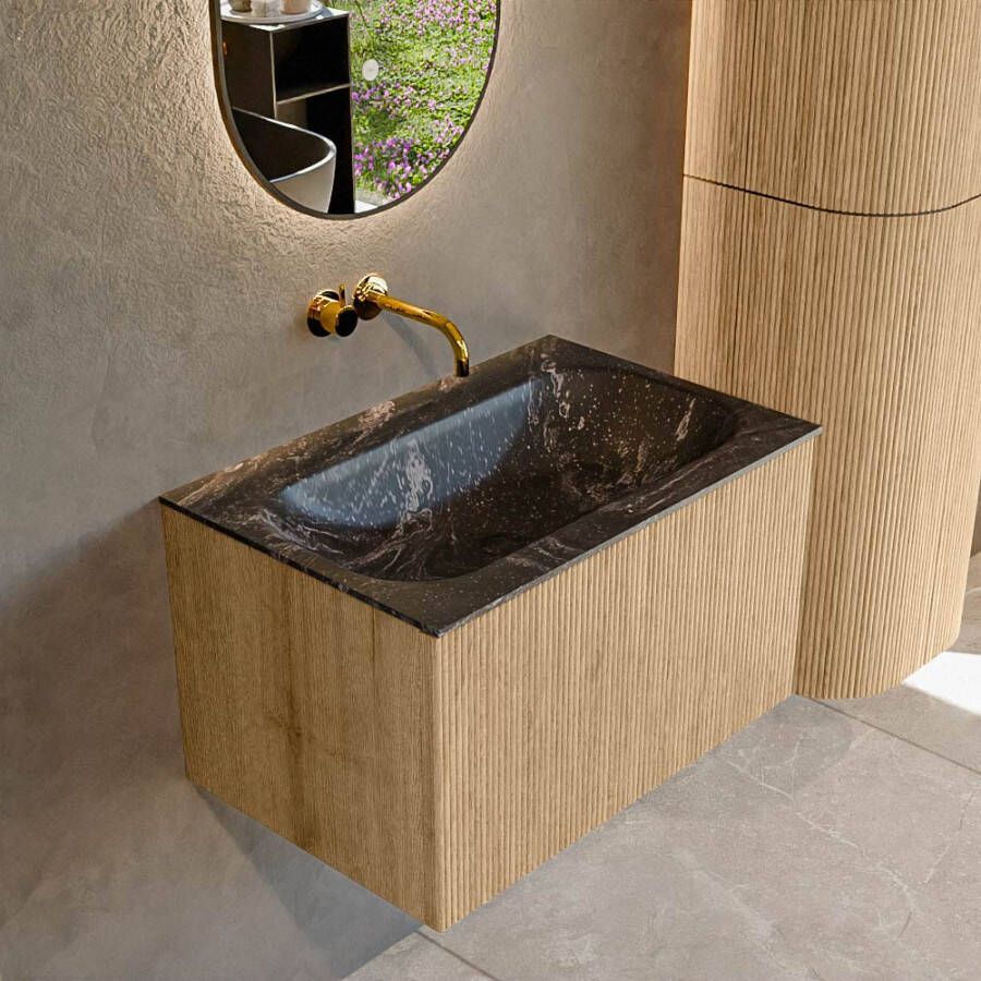 Mondiaz KURVE-DLUX 70 cm Onderkast Greeploos 1 Lade Zonder Deuren Oak Wastafel Solid Surface Volledig Lava 0 Kraangaten Zonder Spiegel (KRVBGS701L0D0KM-Oak Lav)