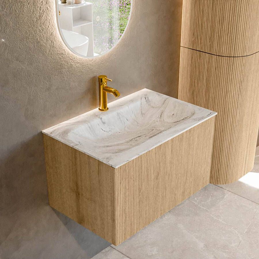 Mondiaz KURVE-DLUX 70 cm Onderkast Greeploos 1 Lade Zonder Deuren Oak Wastafel Solid Surface Volledig Glace 1 Kraangat Zonder Spiegel (KRVBGS701L0D1KM-Oak Gla)