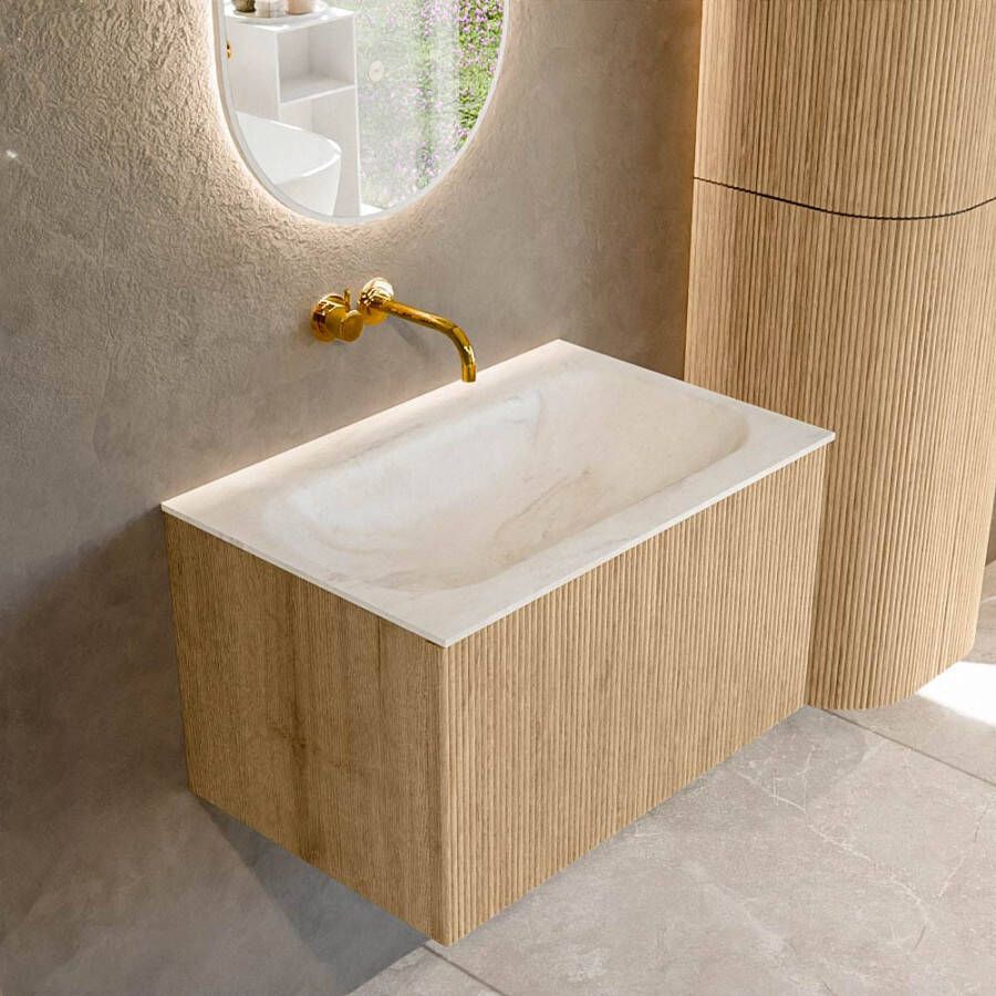 Mondiaz KURVE-DLUX 70 cm Onderkast Greeploos 1 Lade Zonder Deuren Oak Wastafel Solid Surface Volledig Ostra 0 Kraangaten Zonder Spiegel (KRVBGS701L0D0KM-Oak Ost)