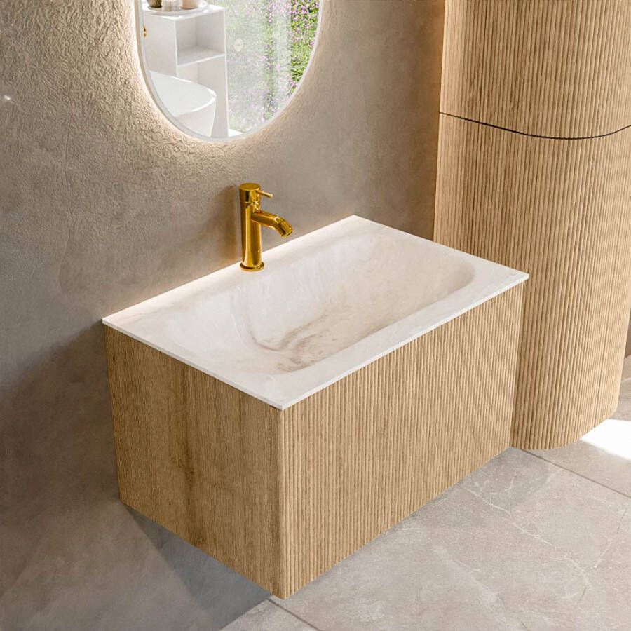 Mondiaz KURVE-DLUX 70 cm Onderkast Greeploos 1 Lade Zonder Deuren Oak Wastafel Solid Surface Volledig Frappe 1 Kraangat Zonder Spiegel (KRVBGS701L0D1KM-Oak Fra)