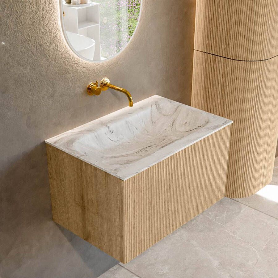 Mondiaz KURVE-DLUX 70 cm Onderkast Greeploos 1 Lade Zonder Deuren Oak Wastafel Solid Surface Volledig Glace 0 Kraangaten Zonder Spiegel (KRVBGS701L0D0KM-Oak Gla)
