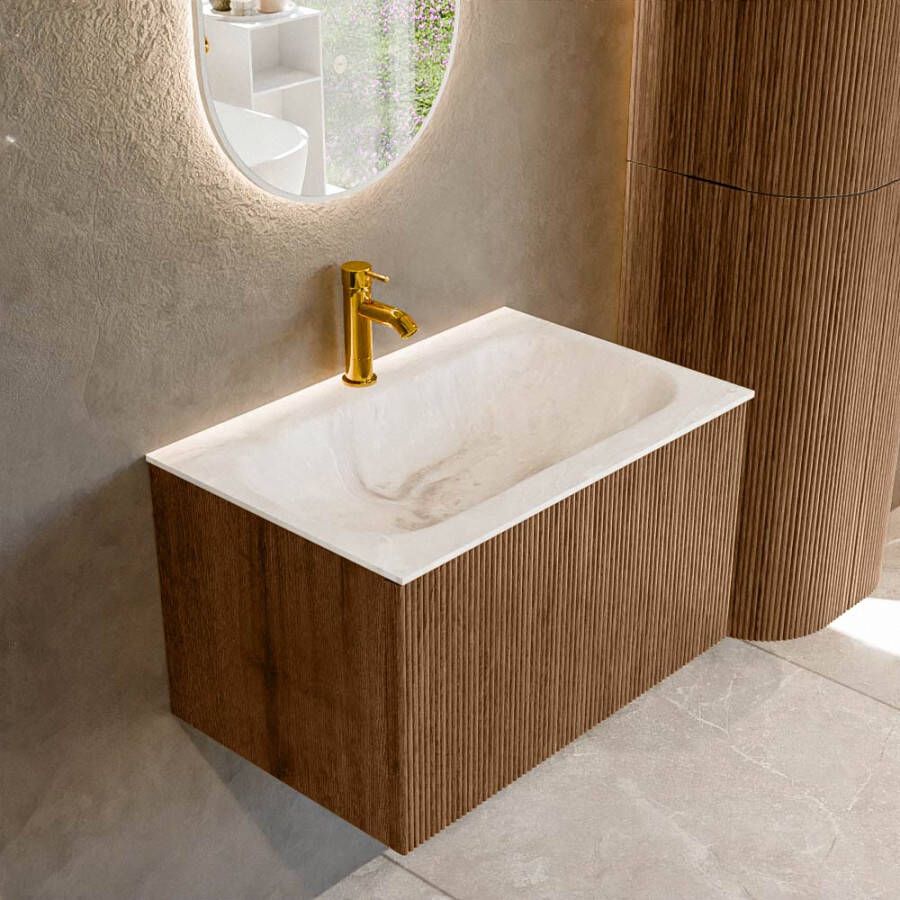 Mondiaz KURVE-DLUX 70 cm Onderkast Greeploos 1 Lade Zonder Deuren Walnut Wastafel Solid Surface Volledig Frappe 1 Kraangat Zonder Spiegel (KRVBGS701L0D1KM-Wal Fra)