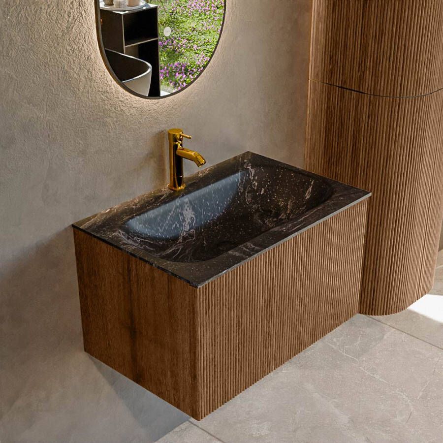 Mondiaz KURVE-DLUX 70 cm Onderkast Greeploos 1 Lade Zonder Deuren Walnut Wastafel Solid Surface Volledig Lava 1 Kraangat Zonder Spiegel (KRVBGS701L0D1KM-Wal Lav)