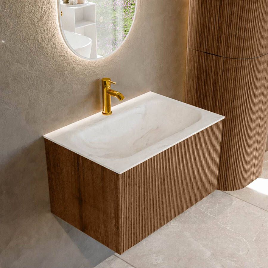 Mondiaz KURVE-DLUX 70 cm Onderkast Greeploos 1 Lade Zonder Deuren Walnut Wastafel Solid Surface Volledig Ostra 1 Kraangat Zonder Spiegel (KRVBGS701L0D1KM-Wal Ost)