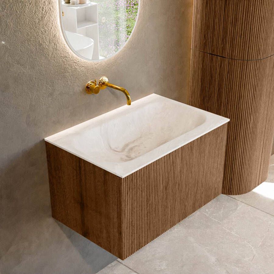 Mondiaz KURVE-DLUX 70 cm Onderkast Greeploos 1 Lade Zonder Deuren Walnut Wastafel Solid Surface Volledig Frappe 0 Kraangaten Zonder Spiegel (KRVBGS701L0D0KM-Wal Fra)
