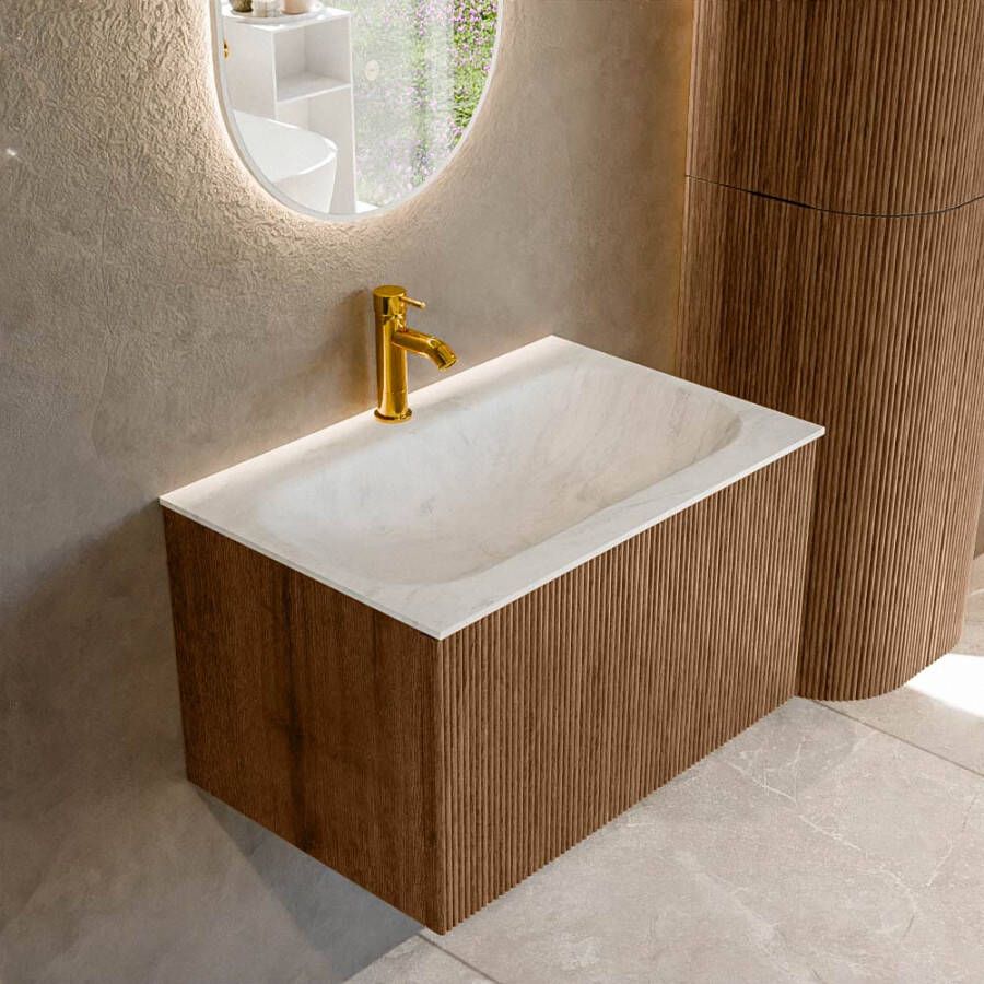 Mondiaz KURVE-DLUX 70 cm Onderkast Greeploos 1 Lade Zonder Deuren Walnut Wastafel Solid Surface Volledig Opalo 1 Kraangat Zonder Spiegel (KRVBGS701L0D1KM-Wal Opa)