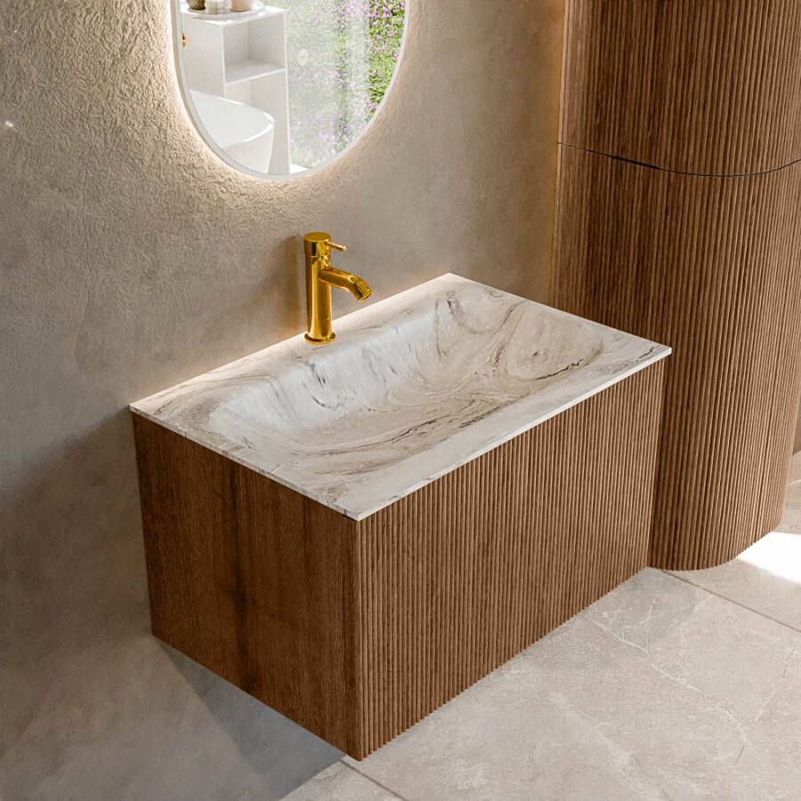 Mondiaz KURVE-DLUX 70 cm Onderkast Greeploos 1 Lade Zonder Deuren Walnut Wastafel Solid Surface Volledig Glace 1 Kraangat Zonder Spiegel (KRVBGS701L0D1KM-Wal Gla)