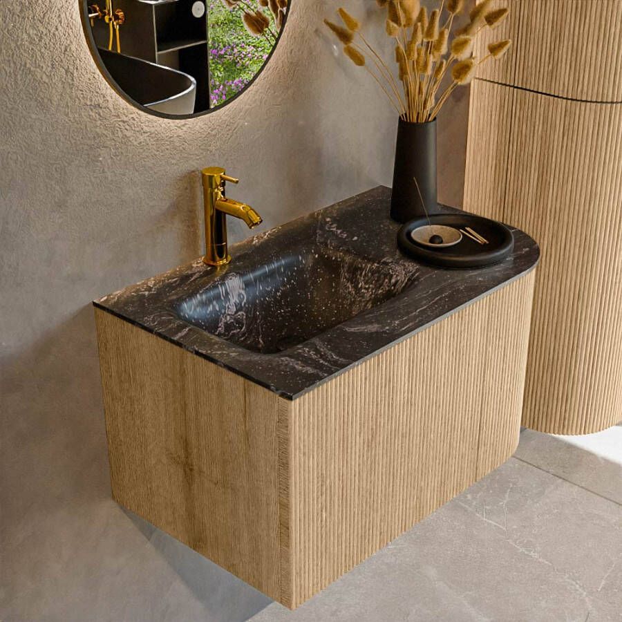 Mondiaz KURVE-DLUX 75 cm Onderkast Greeploos 1 Lade Met Deuren Oak Wastafel Solid Surface Links Lava 1 Kraangat Zonder Spiegel (KRVGRU75R1L1D1KL-Oak Lav)