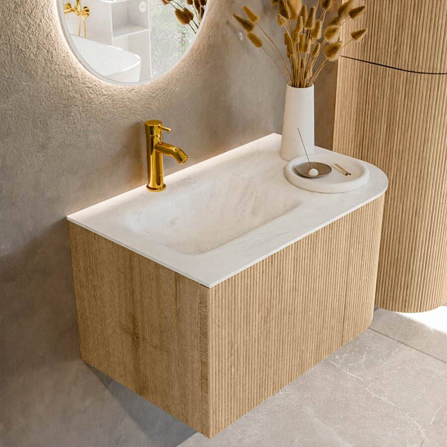 Mondiaz KURVE-DLUX 75 cm Onderkast Greeploos 1 Lade Met Deuren Oak Wastafel Solid Surface Links Opalo 1 Kraangat Zonder Spiegel (KRVGRU75R1L1D1KL-Oak Opa)