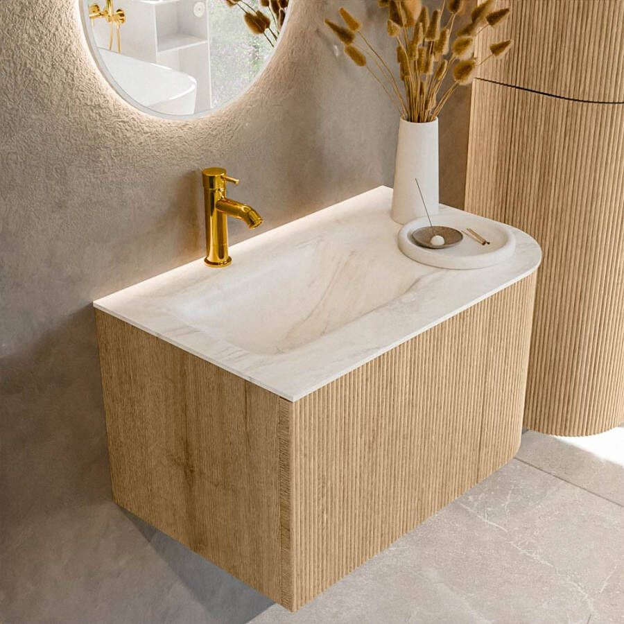 Mondiaz KURVE-DLUX 75 cm Onderkast Greeploos 1 Lade Met Deuren Oak Wastafel Solid Surface Links Ostra 1 Kraangat Zonder Spiegel (KRVGRU75R1L1D1KL-Oak Ost)