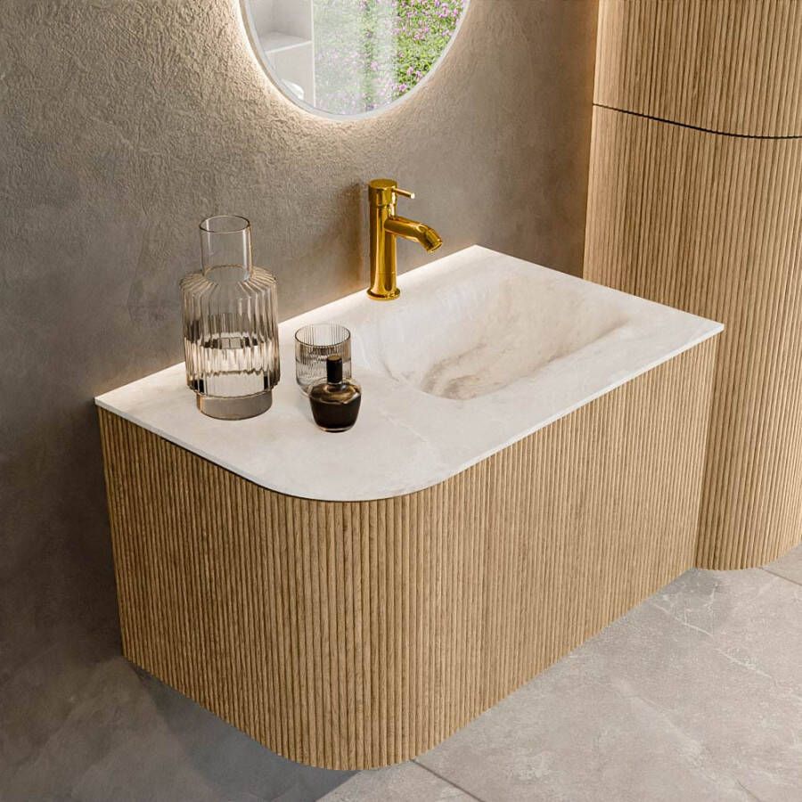 Mondiaz KURVE-DLUX 75 cm Onderkast Greeploos 1 Lade Met Deuren Oak Wastafel Solid Surface Rechts Frappe 1 Kraangat Zonder Spiegel (KRVGRU75L1L1D1KR-Oak Fra)