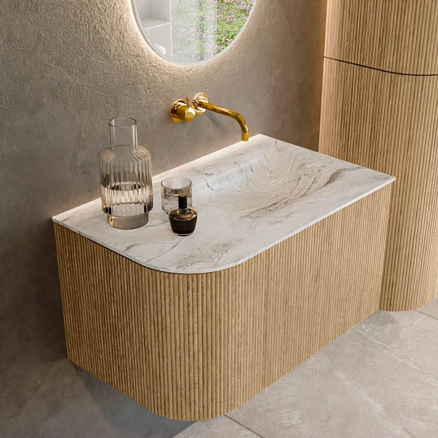 Mondiaz KURVE-DLUX 75cm badmeubel met module 25 L kleur Oak met 1 lade en 1 deur. Wastafel GRUNNE rechts zonder kraangat kleur Glace. KRVGRU75L1L1D0KR-Oak Gla