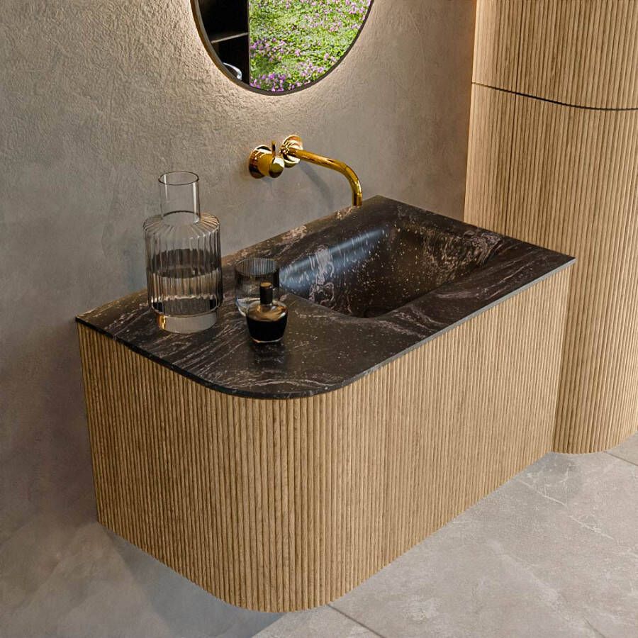 Mondiaz KURVE-DLUX 75cm badmeubel met module 25 L kleur Oak met 1 lade en 1 deur. Wastafel GRUNNE rechts zonder kraangat kleur Lava. KRVGRU75L1L1D0KR-Oak Lav