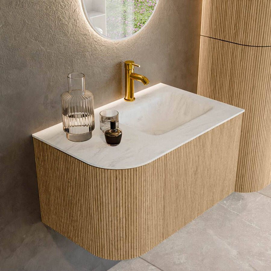Mondiaz KURVE-DLUX 75 cm Onderkast Greeploos 1 Lade Met Deuren Oak Wastafel Solid Surface Rechts Opalo 1 Kraangat Zonder Spiegel (KRVGRU75L1L1D1KR-Oak Opa)