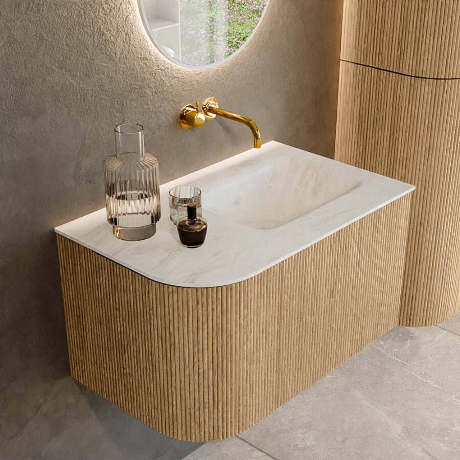 Mondiaz KURVE-DLUX 75cm badmeubel met module 25 L kleur Oak met 1 lade en 1 deur. Wastafel GRUNNE rechts zonder kraangat kleur Opalo. KRVGRU75L1L1D0KR-Oak Opa