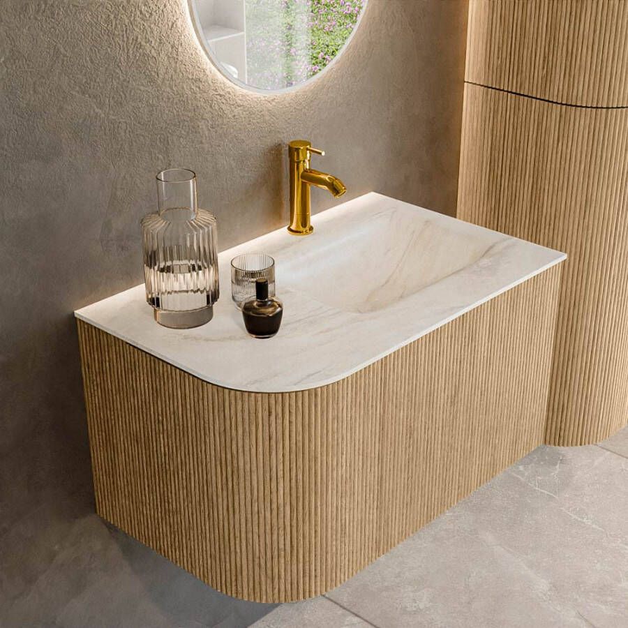 Mondiaz KURVE-DLUX 75 cm Onderkast Greeploos 1 Lade Met Deuren Oak Wastafel Solid Surface Rechts Ostra 1 Kraangat Zonder Spiegel (KRVGRU75L1L1D1KR-Oak Ost)