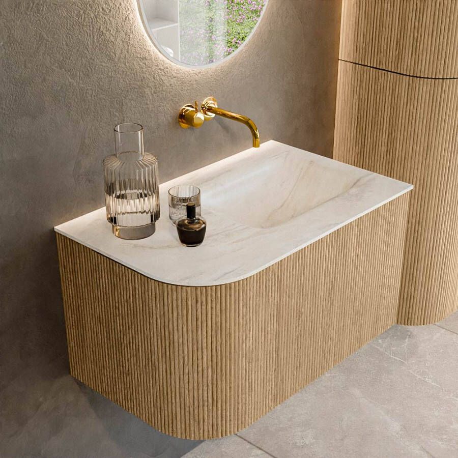 Mondiaz KURVE-DLUX 75cm badmeubel met module 25 L kleur Oak met 1 lade en 1 deur. Wastafel GRUNNE rechts zonder kraangat kleur Ostra. KRVGRU75L1L1D0KR-Oak Ost