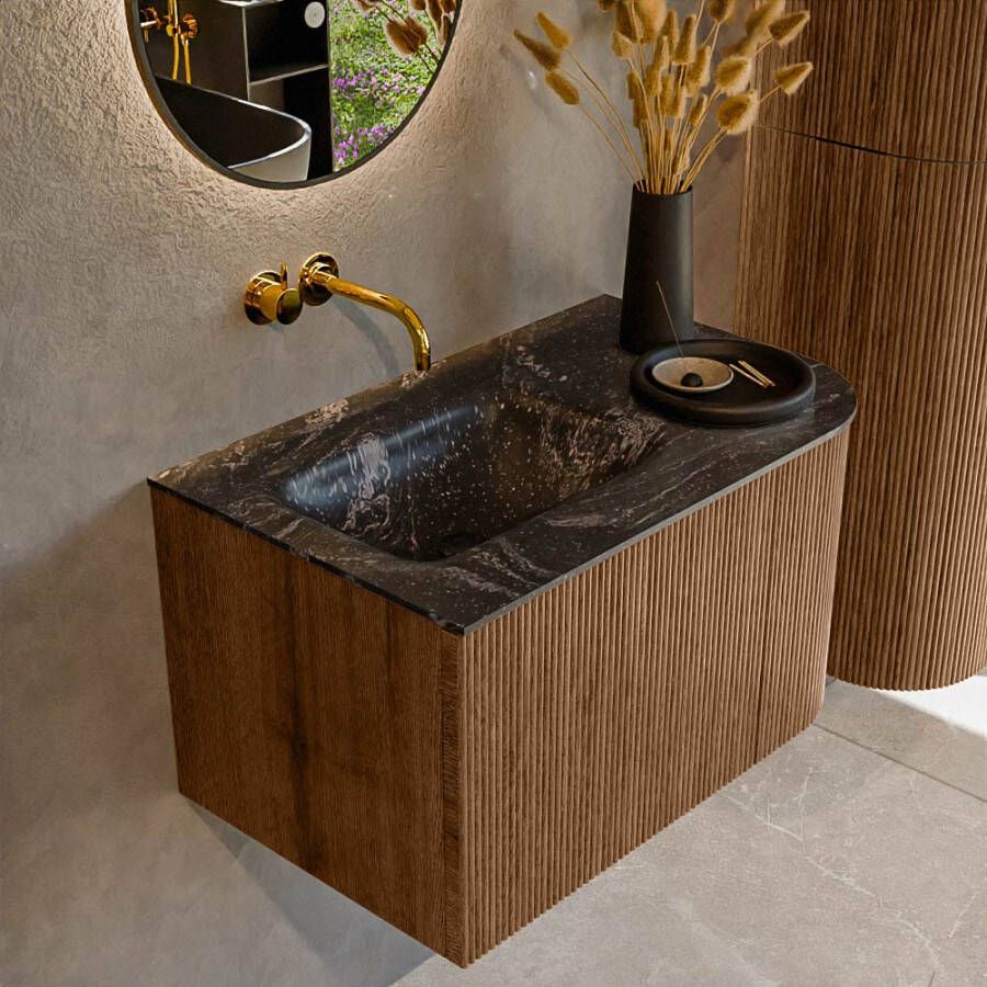 Mondiaz KURVE-DLUX 75 cm Onderkast Greeploos 1 Lade Met Deuren Walnut Wastafel Solid Surface Links Lava 0 Kraangaten Zonder Spiegel (KRVGRU75R1L1D0KL-Wal Lav)