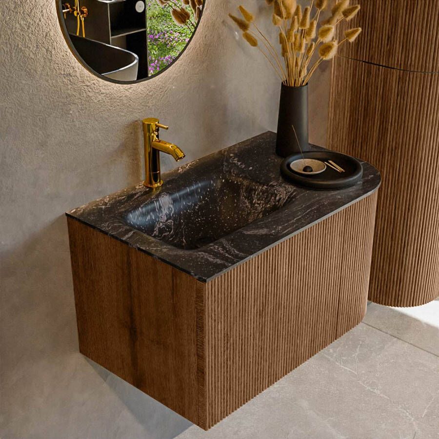 Mondiaz KURVE-DLUX 75 cm Onderkast Greeploos 1 Lade Met Deuren Walnut Wastafel Solid Surface Links Lava 1 Kraangat Zonder Spiegel (KRVGRU75R1L1D1KL-Wal Lav)