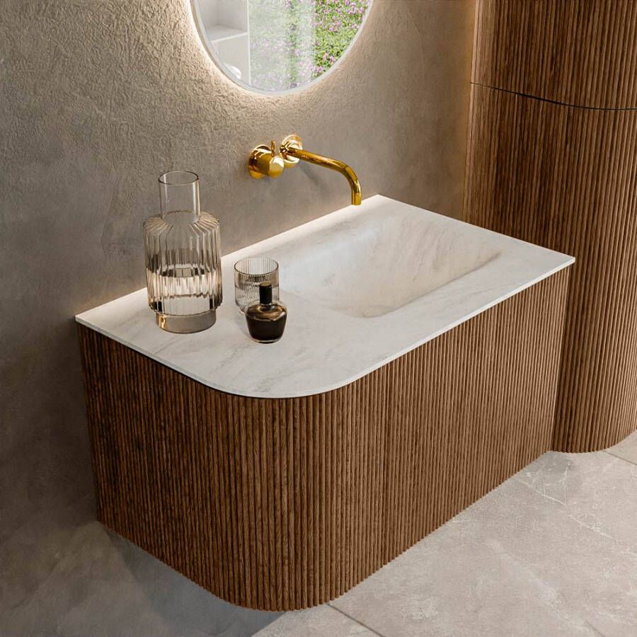 Mondiaz KURVE-DLUX 75cm badmeubel met module 25 L kleur Walnut met 1 lade en 1 deur. Wastafel GRUNNE rechts zonder kraangat kleur Opalo. KRVGRU75L1L1D0KR-Wal Opa