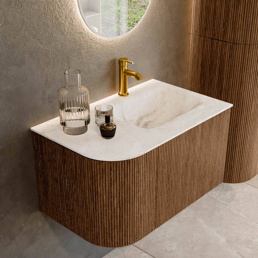 Mondiaz KURVE-DLUX 75 cm Onderkast Greeploos 1 Lade Met Deuren Walnut Wastafel Solid Surface Rechts Frappe 1 Kraangat Zonder Spiegel (KRVGRU75L1L1D1KR-Wal Fra)