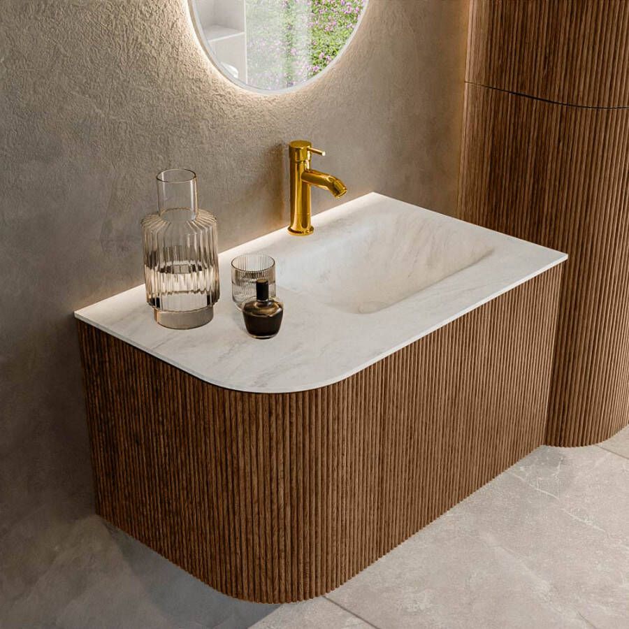 Mondiaz KURVE-DLUX 75 cm Onderkast Greeploos 1 Lade Met Deuren Walnut Wastafel Solid Surface Rechts Opalo 1 Kraangat Zonder Spiegel (KRVGRU75L1L1D1KR-Wal Opa)