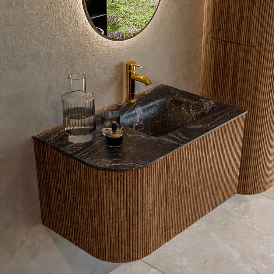 Mondiaz KURVE-DLUX 75 cm Onderkast Greeploos 1 Lade Met Deuren Walnut Wastafel Solid Surface Rechts Lava 1 Kraangat Zonder Spiegel (KRVGRU75L1L1D1KR-Wal Lav)