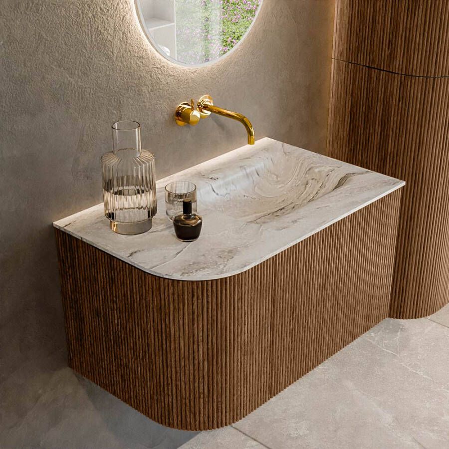 Mondiaz KURVE-DLUX 75cm badmeubel met module 25 L kleur Walnut met 1 lade en 1 deur. Wastafel GRUNNE rechts zonder kraangat kleur Glace. KRVGRU75L1L1D0KR-Wal Gla