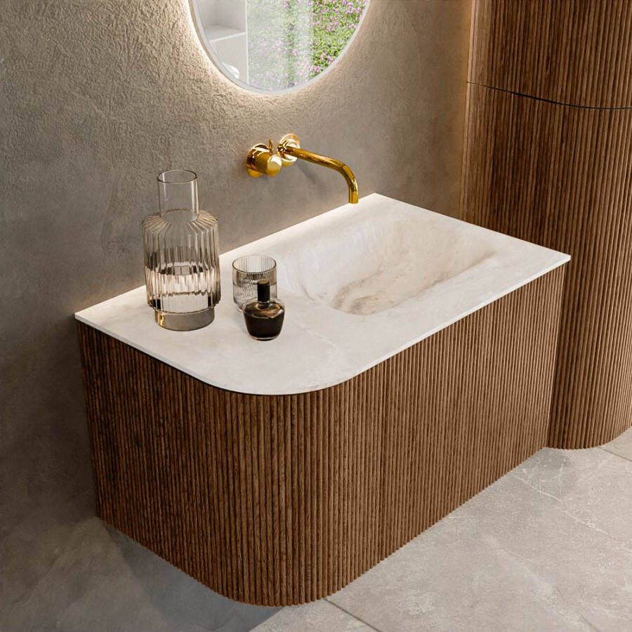 Mondiaz KURVE-DLUX 75cm badmeubel met module 25 L kleur Walnut met 1 lade en 1 deur. Wastafel GRUNNE rechts zonder kraangat kleur Frappe. KRVGRU75L1L1D0KR-Wal Fra