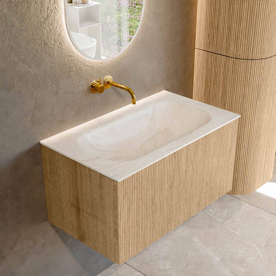 Mondiaz KURVE-DLUX 80 cm Onderkast Greeploos 1 Lade Zonder Deuren Oak Wastafel Solid Surface Volledig Ostra 0 Kraangaten Zonder Spiegel (KRVBGS801L0D0KM-Oak Ost)