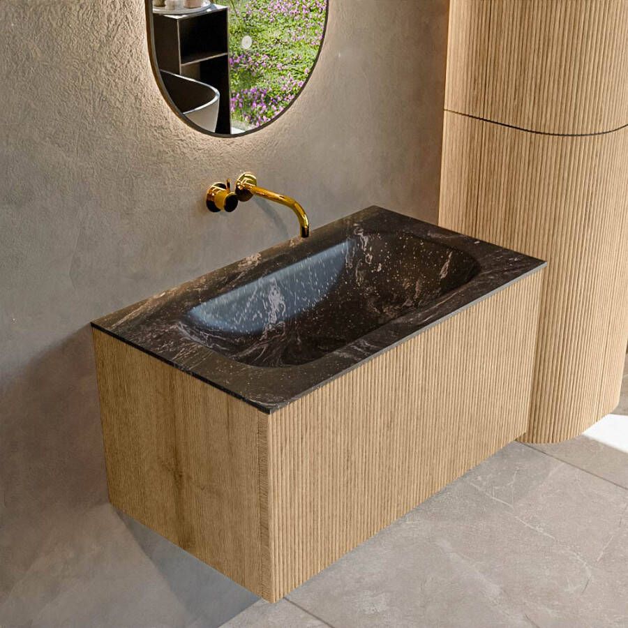 Mondiaz KURVE-DLUX 80 cm Onderkast Greeploos 1 Lade Zonder Deuren Oak Wastafel Solid Surface Volledig Lava 0 Kraangaten Zonder Spiegel (KRVBGS801L0D0KM-Oak Lav)