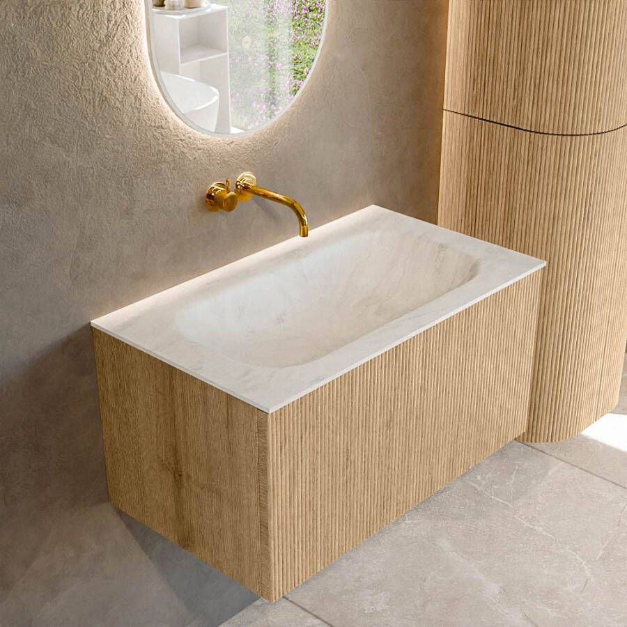 Mondiaz KURVE-DLUX 80 cm Onderkast Greeploos 1 Lade Zonder Deuren Oak Wastafel Solid Surface Volledig Opalo 0 Kraangaten Zonder Spiegel (KRVBGS801L0D0KM-Oak Opa)