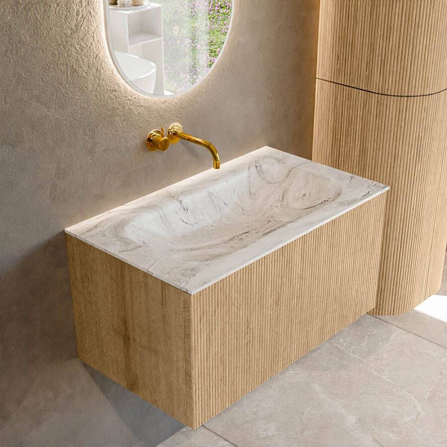 Mondiaz KURVE-DLUX 80 cm Onderkast Greeploos 1 Lade Zonder Deuren Oak Wastafel Solid Surface Volledig Glace 0 Kraangaten Zonder Spiegel (KRVBGS801L0D0KM-Oak Gla)