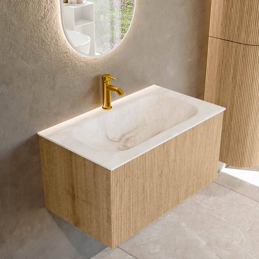 Mondiaz KURVE-DLUX 80 cm Onderkast Greeploos 1 Lade Zonder Deuren Oak Wastafel Solid Surface Volledig Frappe 1 Kraangat Zonder Spiegel (KRVBGS801L0D1KM-Oak Fra)