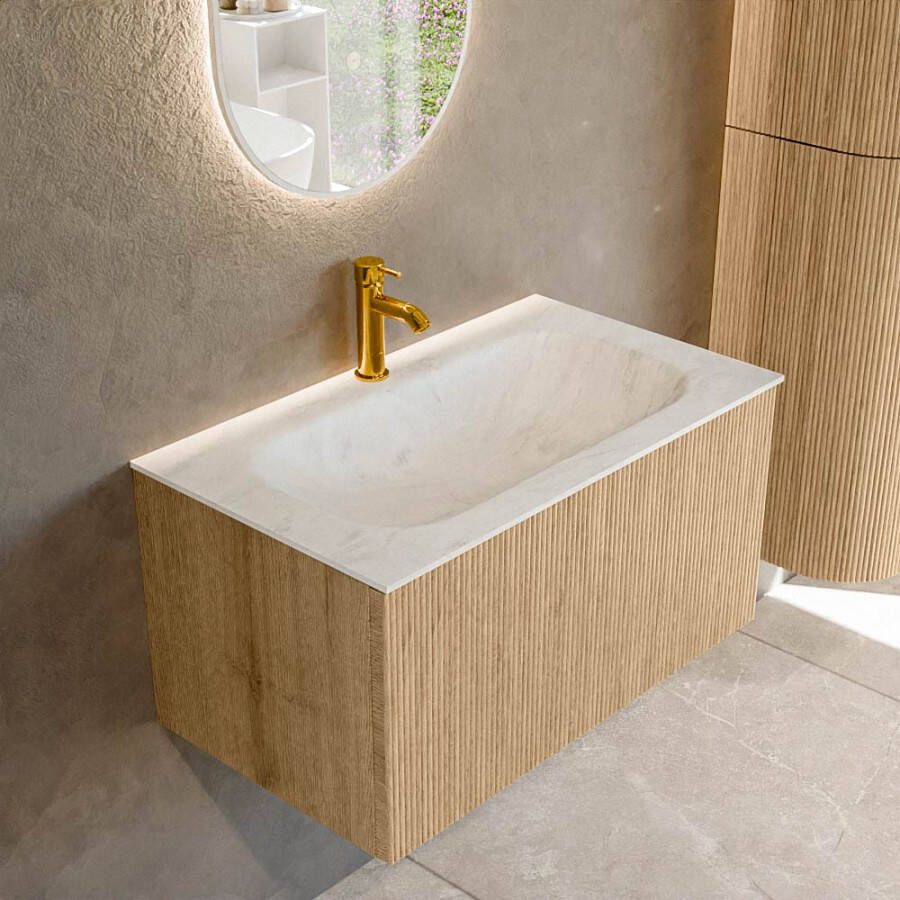 Mondiaz KURVE-DLUX 80 cm Onderkast Greeploos 1 Lade Zonder Deuren Oak Wastafel Solid Surface Volledig Opalo 1 Kraangat Zonder Spiegel (KRVBGS801L0D1KM-Oak Opa)