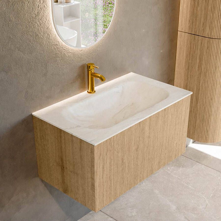 Mondiaz KURVE-DLUX 80 cm Onderkast Greeploos 1 Lade Zonder Deuren Oak Wastafel Solid Surface Volledig Ostra 1 Kraangat Zonder Spiegel (KRVBGS801L0D1KM-Oak Ost)