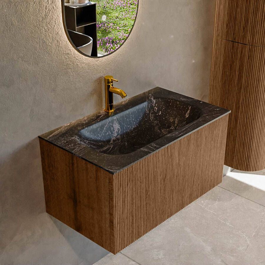 Mondiaz KURVE-DLUX 80 cm Onderkast Greeploos 1 Lade Zonder Deuren Walnut Wastafel Solid Surface Volledig Lava 1 Kraangat Zonder Spiegel (KRVBGS801L0D1KM-Wal Lav)