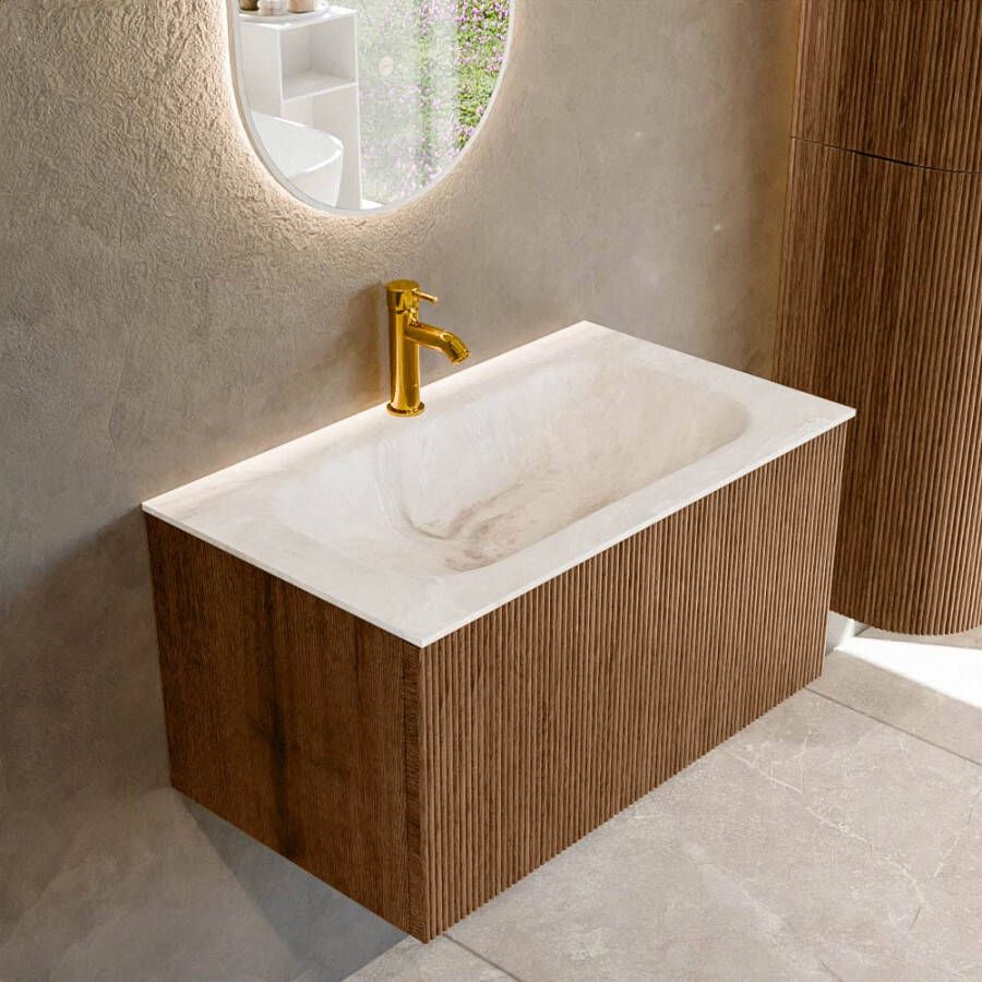 Mondiaz KURVE-DLUX 80 cm Onderkast Greeploos 1 Lade Zonder Deuren Walnut Wastafel Solid Surface Volledig Frappe 1 Kraangat Zonder Spiegel (KRVBGS801L0D1KM-Wal Fra)