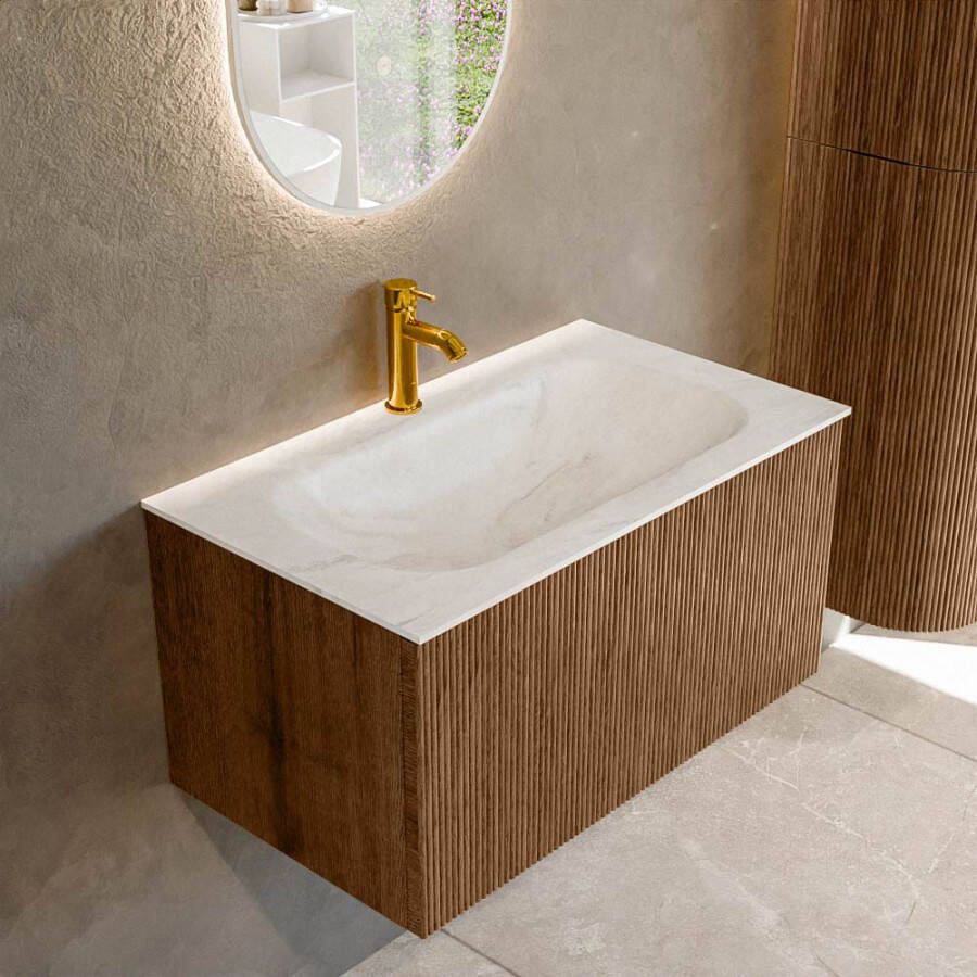 Mondiaz KURVE-DLUX 80 cm Onderkast Greeploos 1 Lade Zonder Deuren Walnut Wastafel Solid Surface Volledig Ostra 1 Kraangat Zonder Spiegel (KRVBGS801L0D1KM-Wal Ost)