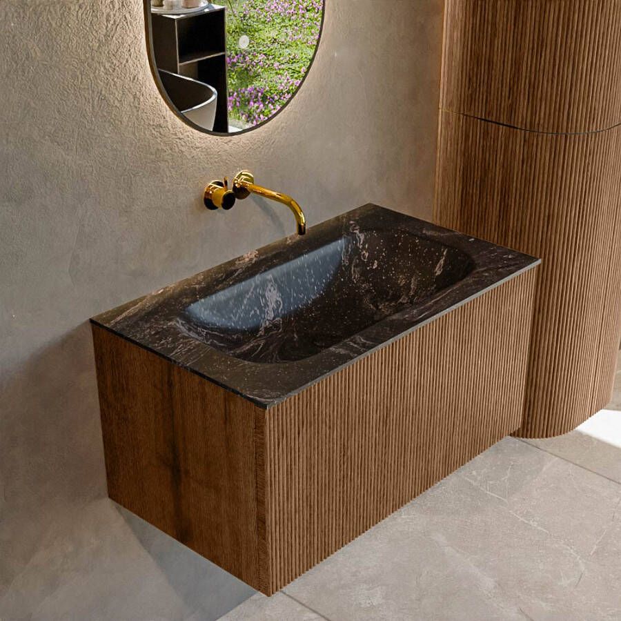 Mondiaz KURVE-DLUX 80 cm Onderkast Greeploos 1 Lade Zonder Deuren Walnut Wastafel Solid Surface Volledig Lava 0 Kraangaten Zonder Spiegel (KRVBGS801L0D0KM-Wal Lav)