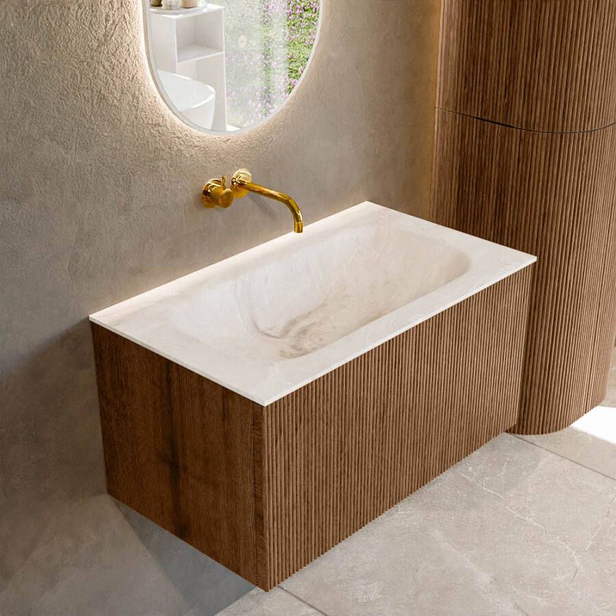 Mondiaz KURVE-DLUX 80 cm Onderkast Greeploos 1 Lade Zonder Deuren Walnut Wastafel Solid Surface Volledig Frappe 0 Kraangaten Zonder Spiegel (KRVBGS801L0D0KM-Wal Fra)