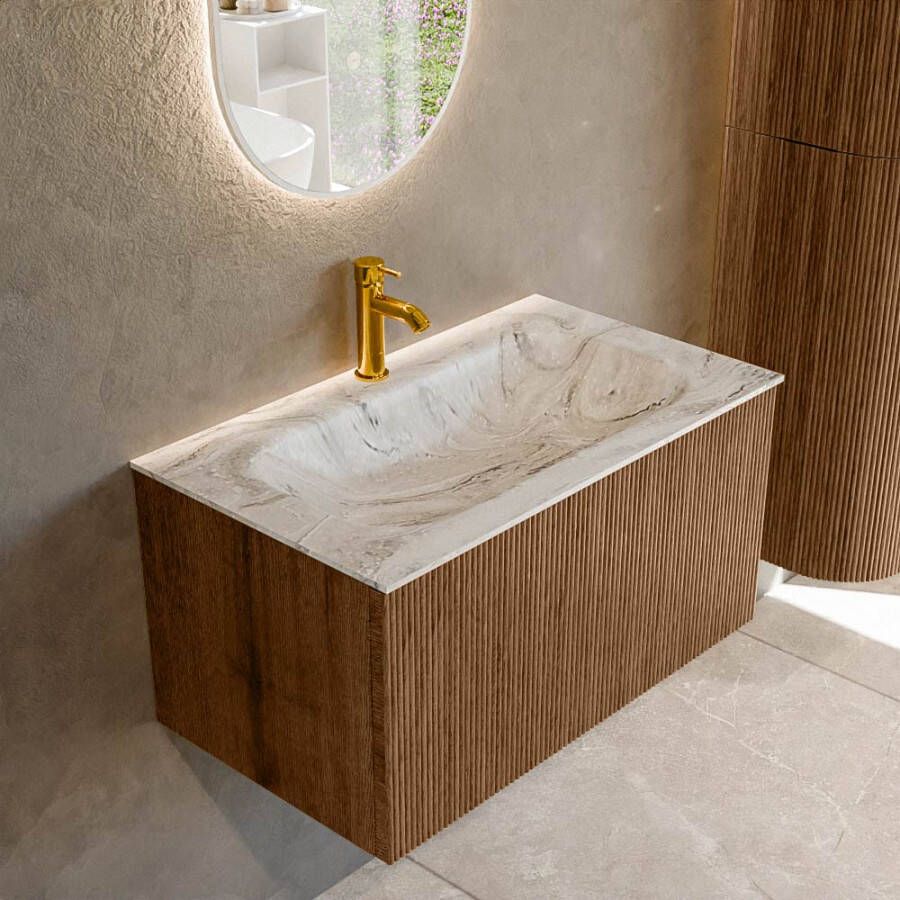 Mondiaz KURVE-DLUX 80 cm Onderkast Greeploos 1 Lade Zonder Deuren Walnut Wastafel Solid Surface Volledig Glace 1 Kraangat Zonder Spiegel (KRVBGS801L0D1KM-Wal Gla)